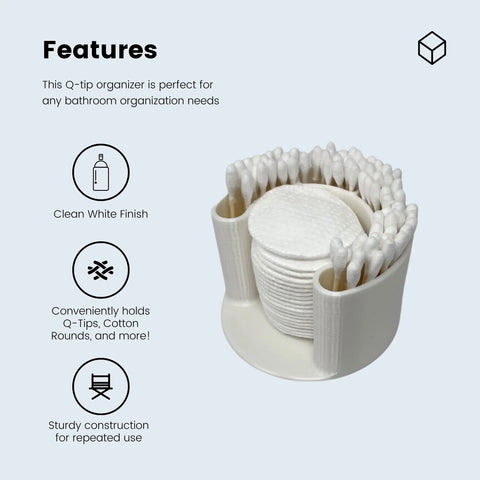 The Chatelet Manufacturing Cotton Swab Bathroom Organizer keeps q-tips and cotton pads handy with a clean white finish. Three icons highlight its versatility, sturdy build, and sleek look against a light blue background.