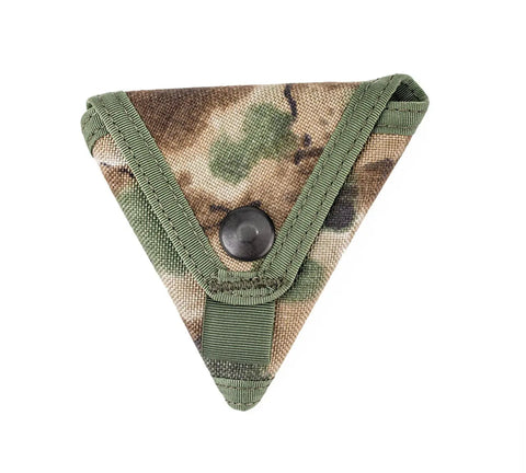 The MIS Coin Case - Covert Woodland is a triangular pouch with a camouflage pattern, green trim, black snap button closure, and durable nylon construction, shown on a white background.