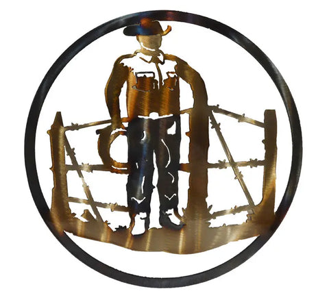 Cowboy At Fence Metal Wall Art – Rustic Circular Decor | Handmade in USA Knights Home Decor  item