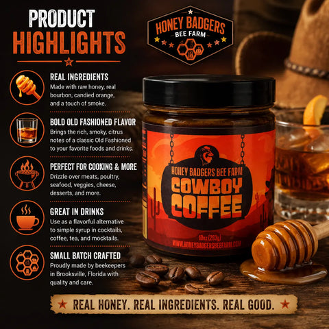 Cowboy Coffee Instant Blend with Real Raw Honey – 10 oz All-in-One Mix for Camping | Made in USA Honey Badgers Bee Farm  All Natural Coffee