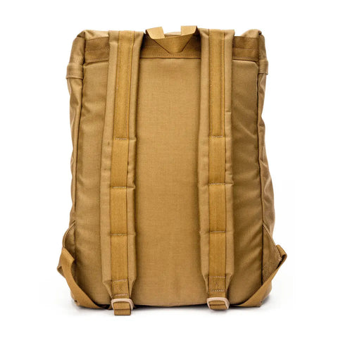 The MIS Backpack - Coyote Brown is shown from the back with two padded shoulder straps, a top handle, and reinforced stitching. Its utilitarian design and water-resistant Cordura Nylon stand out against a plain white background.