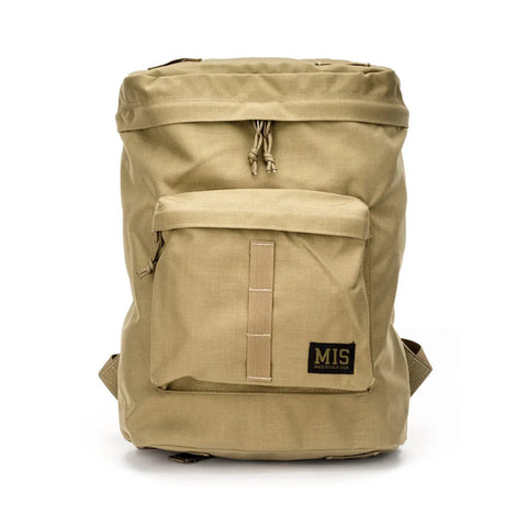 The MIS Backpack - Coyote Tan features a large front pocket, top zipper closure, visible stitching, padded laptop holder for protection, and an MIS logo patch on the front.