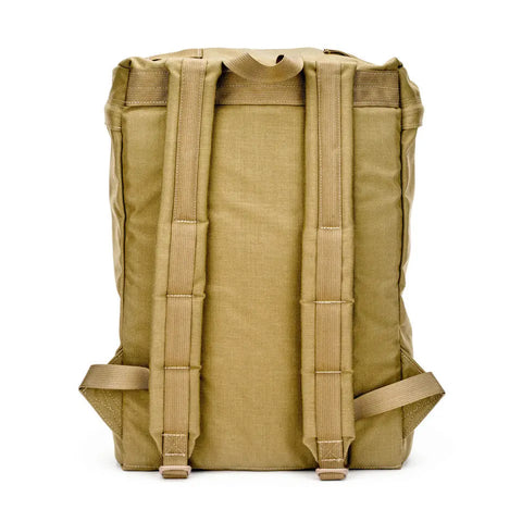 The MIS Backpack - Coyote Tan is a rectangular bag shown from the back, featuring padded shoulder straps, a top handle, simple stitching, no visible logos or extra pockets, and a padded laptop holder for added protection.