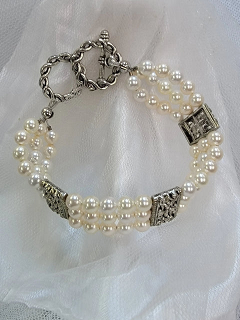 Cream Swarovski Pearl Multi Strand Bridal Bracelet – Adjustable Silver Toggle Clasp | Made in USA by Women-Owned Business Michelle Marie Boutique  Bracelet