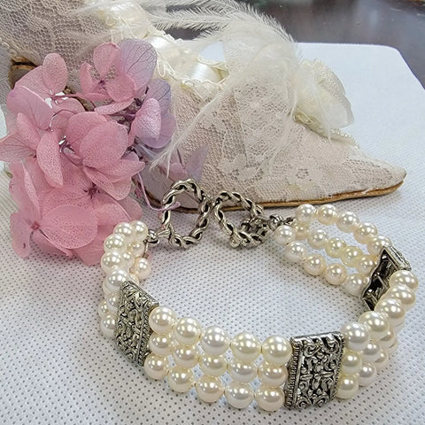 Cream Swarovski Pearl Multi Strand Bridal Bracelet – Adjustable Silver Toggle Clasp | Made in USA by Women-Owned Business Michelle Marie Boutique  Bracelet