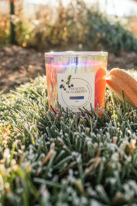 A Cruel Summer Scented Soy Candle by Shanti + Tula sits on frosty grass in sunlight, its wooden lid leaning nearby and nature blurred behind. This USA-made, eco-conscious 10oz candle offers a clean burn in an elegant Prism jar.