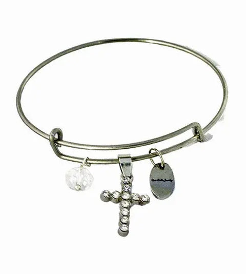 Crystal Cross Charm Bangle Bracelet – Stainless Steel Adjustable Faith Jewelry | Made in USA Michelle Marie Boutique  Bracelet