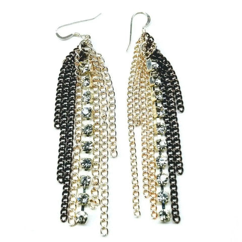 Rhinestone Crystal Chain Fringe Earrings by Alexa Martha Designs feature gold and black chains with clear rhinestones, all hanging from sterling silver hooks.