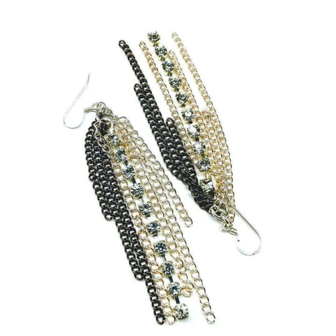 The Alexa Martha Designs Rhinestone Crystal Chain Fringe Earrings showcase gold and black chains accented with clear rhinestones, beautifully displayed against a white background.