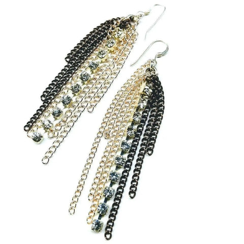 Alexa Martha Designs Rhinestone Crystal Chain Fringe Earrings feature multiple black and gold chains, each accented with a row of clear rhinestones, displayed on a white background.