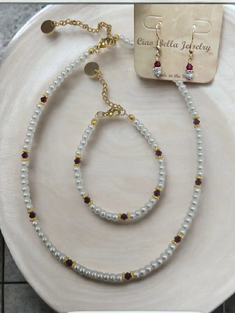 Crystal and Pearl Jewelry Set – Necklace Bracelet Earrings – Handcrafted Custom Birthstone Gift | Made in USA Michelle Marie Boutique  Jewelry Set