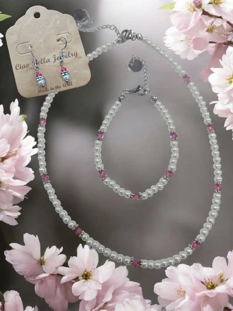 Crystal and Pearl Jewelry Set – Necklace Bracelet Earrings – Handcrafted Custom Birthstone Gift | Made in USA Michelle Marie Boutique  Jewelry Set