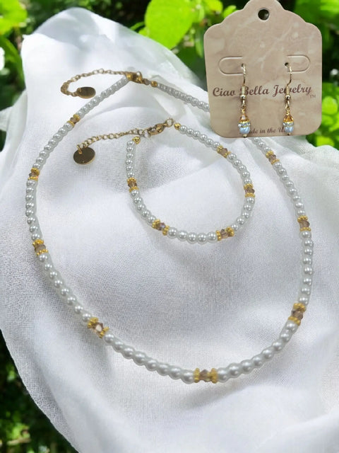 Crystal and Pearl Jewelry Set – Necklace Bracelet Earrings – Handcrafted Custom Birthstone Gift | Made in USA Michelle Marie Boutique  Jewelry Set