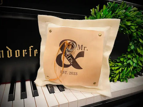 Custom 9 Inch Felted Wool Ring Bearer Pillow – Engraved Leather Patch | Made in USA Suede Kloth 
