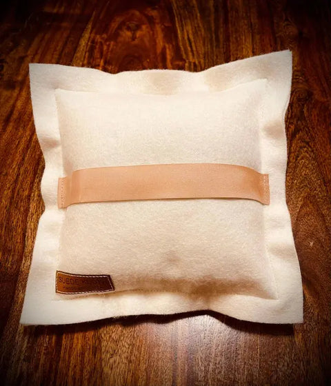Custom 9 Inch Felted Wool Ring Bearer Pillow – Engraved Leather Patch | Made in USA Suede Kloth 