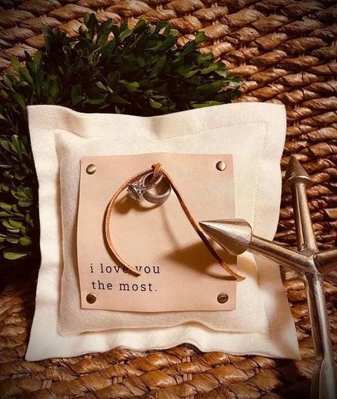 Custom 9 Inch Felted Wool Ring Bearer Pillow – Engraved Leather Patch | Made in USA Suede Kloth 