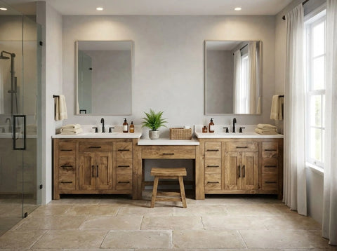 Custom Double Sink Bathroom Vanity With Built-In Makeup Station – Wood Cabinet – Limitless Woodworking | Made in USA | Model #1098 Limitless Woodworking  item