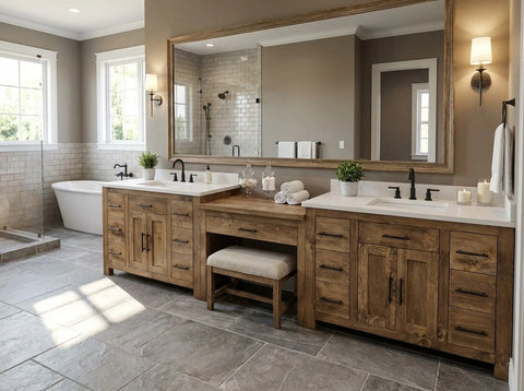 Custom Double Sink Bathroom Vanity With Built-In Makeup Station – Wood Cabinet – Limitless Woodworking | Made in USA | Model #1098 Limitless Woodworking  item