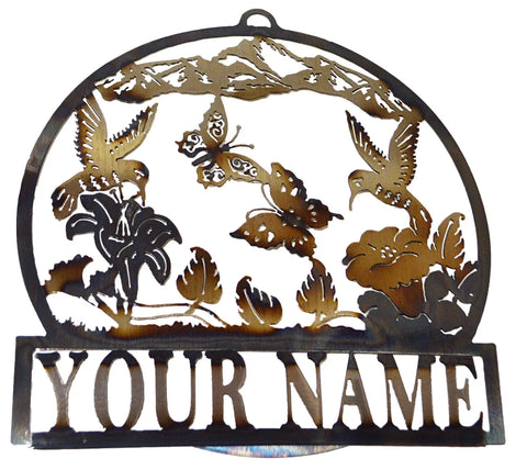 Custom Garden-Themed Metal Name Sign – Personalized Hummingbird Butterfly Steel Art | Made in USA Knights Home Decor  item