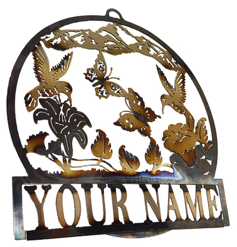 Custom Garden-Themed Metal Name Sign – Personalized Hummingbird Butterfly Steel Art | Made in USA Knights Home Decor  item