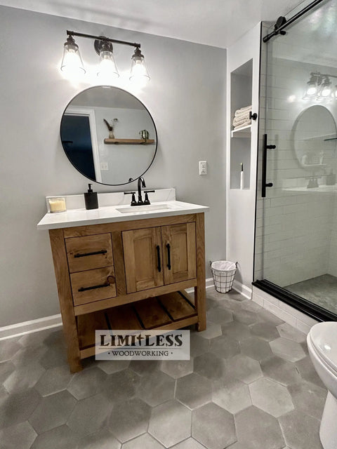 Custom Single Sink Bathroom Vanity - Handcrafted White Pine Cabinet – Rustic Finish | Made in USA | Model #1060 Limitless Woodworking  item