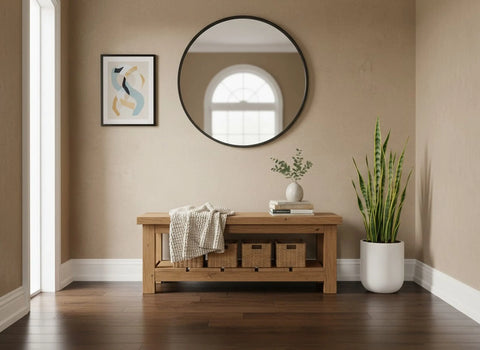 Customizable Solid Wood Entryway Bench With Slatted Storage Shelf – Made in USA | Model #1121 Limitless Woodworking  item