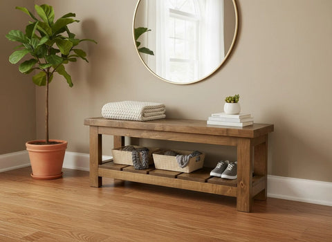 Customizable Solid Wood Entryway Bench With Slatted Storage Shelf – Made in USA | Model #1121 Limitless Woodworking  item