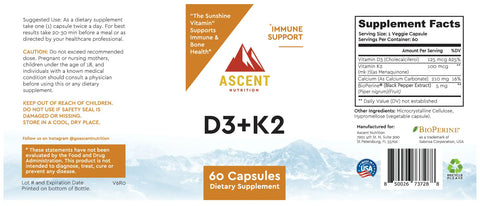 D3 + K2, 60 Capsules, 125 Mcg D3 + 100 Mcg K2 AscentNutrition  simple