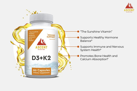 D3 + K2, 60 Capsules, 125 Mcg D3 + 100 Mcg K2 AscentNutrition  simple
