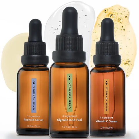 Three amber dropper bottles labeled Open Formulas Dark Spot Remover Superset sit on a white background with swatches behind each, perfect for targeting dark spots and hyperpigmentation.