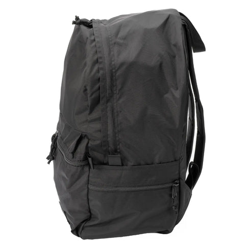 The MIS Daypack Plus Gen2 - Black is displayed from the side, highlighting its spacious main compartment, multiple zippered pockets, adjustable shoulder straps, and a sleek minimalist design.