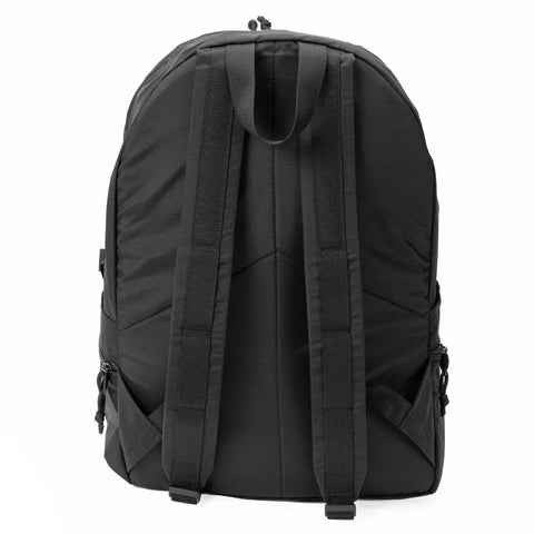The MIS Daypack Plus Gen2 - Black is shown from the back on a white background, featuring two adjustable shoulder straps, a top handle, side pockets on both sides, and a spacious main compartment for ample storage.