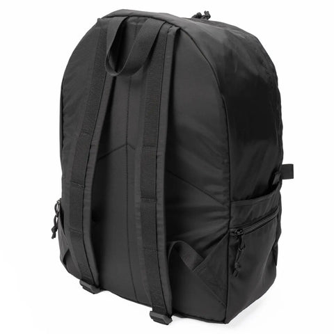 The MIS Daypack Plus Gen2 - Black displayed from the back showcases two padded shoulder straps, a roomy main compartment, and zippered side pockets, all set against a plain white background.