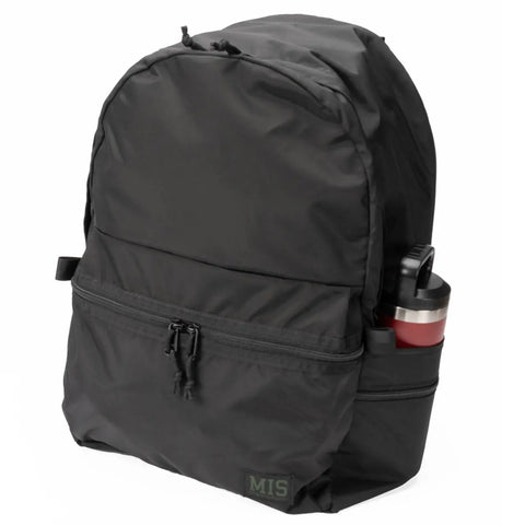 The MIS Daypack Plus Gen2 - Black is a durable backpack with a spacious main compartment, front zipper pocket, and side pocket holding a red and silver water bottle, shown against a white background.