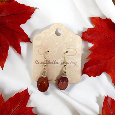 Deep Red Agate Oval Dangle Earrings – Gold Finish with Crystal Accent | Handmade Jewelry Made in USA by Michelle Marie Boutique Michelle Marie Boutique  Earrings