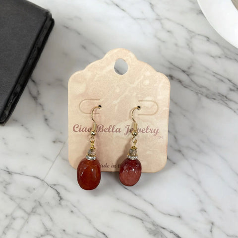 Deep Red Agate Oval Dangle Earrings – Gold Finish with Crystal Accent | Handmade Jewelry Made in USA by Michelle Marie Boutique Michelle Marie Boutique  Earrings