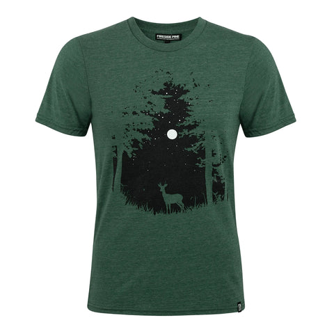 The Fireside Pine Deer Night t-shirt is a green, relaxed fit top featuring a front graphic of a forest at night with a full moon, stars, and a deer silhouette among trees.