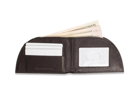 The Rogue Industries Deerskin Front Pocket Wallet, crafted from black deerskin leather, opens to show cash, three white cards in card slots, and an ID window with a blank card, all in a slim front pocket design.