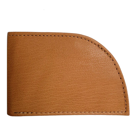 The Rogue Industries Deerskin Front Pocket Wallet is crafted from tan deerskin leather with a unique curved right edge and visible border stitching—ideal for stylish, comfortable front pocket use.