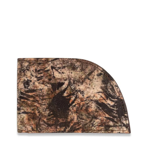 The Rogue Industries Deerskin Front Pocket Wallet features brown and beige deerskin leather with a mottled camouflage-style pattern and curved corner, making it a stylish choice for your front pocket.