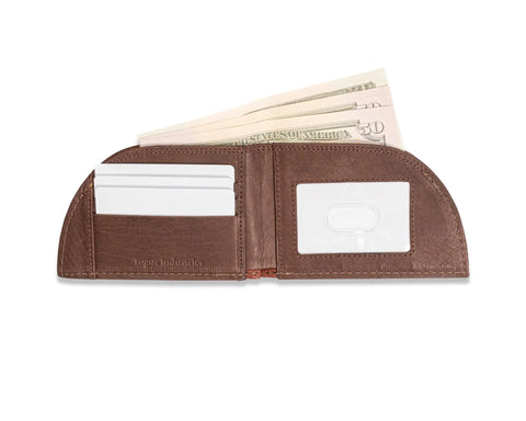 The Rogue Industries Deerskin Front Pocket Wallet is shown open, revealing white cards, an ID window, and cash inside—an RFID-blocking wallet for secure, compact carrying.