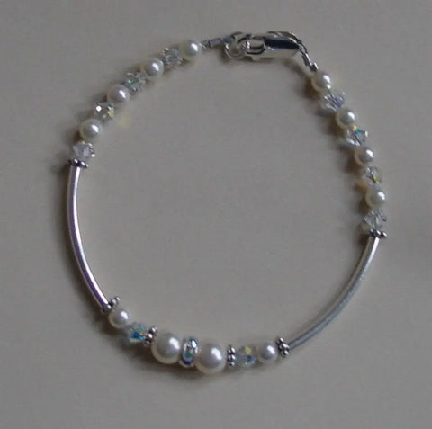 Delicate Silver Pearl and Crystal Charm Bracelet – Wedding and Communion Jewelry | Made in USA Elegance Michelle Marie Boutique  Bracelet