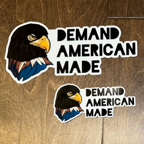 The American Lictor Sticker: Demand American Made set includes two bald eagle head stickers in different sizes with bold text, ideal for adding patriotic flair to large gift bags or party favor bags.