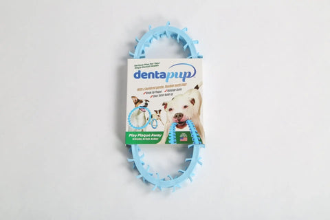 The Dentapup Dog Dental Toy - Blue is an oval-shaped toy in branded packaging featuring a dog photo, designed to promote canine oral hygiene and help remove plaque.