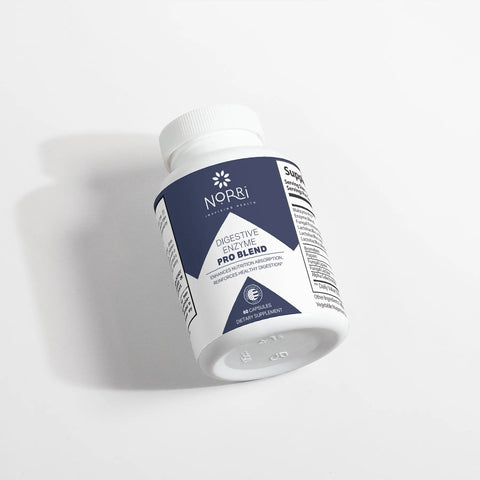 A white bottle of Norri Nutrition Digestive Enzyme Pro Blend, a dietary supplement for digestive health and nutrient absorption, is shown on its side with blue and white packaging. The label indicates it contains 60 capsules.