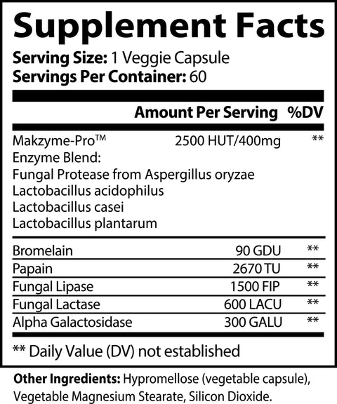Norri Nutrition Digestive Enzyme Pro Blend: Supplement Facts—1 veggie capsule per serving, 60 servings per container. Features an enzyme blend with protease, bromelain, papain & lactobacillus strains to support digestive health and nutrient absorption.