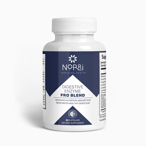 A white bottle labeled Norri Nutrition Digestive Enzyme Pro Blend with blue accents, containing 60 capsules. This dietary supplement supports digestive health and enhances nutrient absorption.