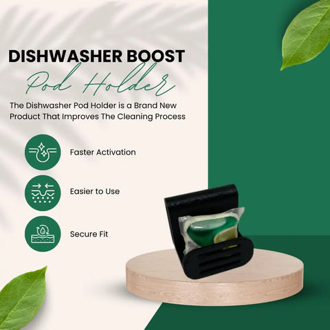 A promotional image for the Chatelet Manufacturing Dishwasher Pod Holder, made in USA, displays the product on wood with icons and text promoting faster activation, secure fit, and ease of use. Green leaves accent the corners.