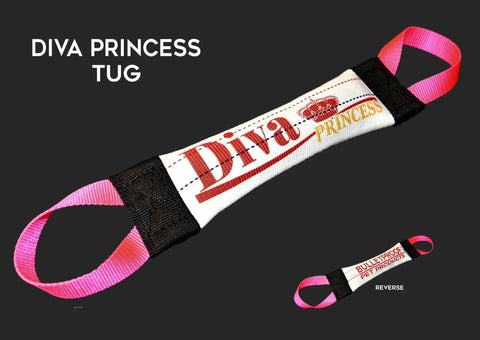 The Diva Princess Fire Hose Training Tug by Bulletproof Pet Products Inc features pink handles, durable fire hose material, and a label on the reverse side. The product name stands out in white text against a dark background.