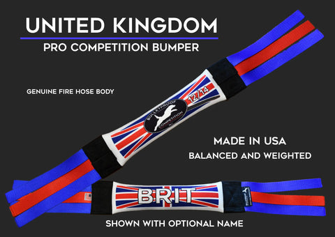 Two views of the Dock Diving Bumper Tug - Competition Series Weighted (United Kingdom Flag) by Bulletproof Pet Products Inc. Text highlights its genuine fire hose body, made in the USA quality, balanced weight, and optional name—ideal for dock diving.